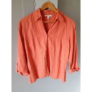 JM collection linen vibrant coral beachy coastal granny spring 3/4 sleeve shirt